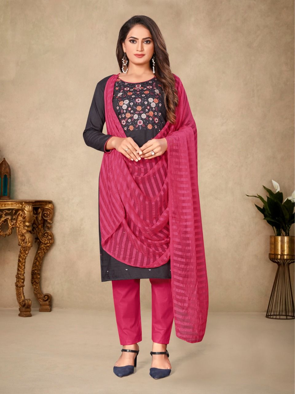 Embroidered Cotton Suit | Laila Patti Dupatta and Indo Cotton Bottom