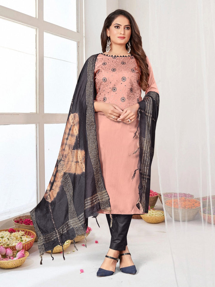 Embroidered Zara Silk Suit | Indo Cotton Bottom with Printed Dupatta