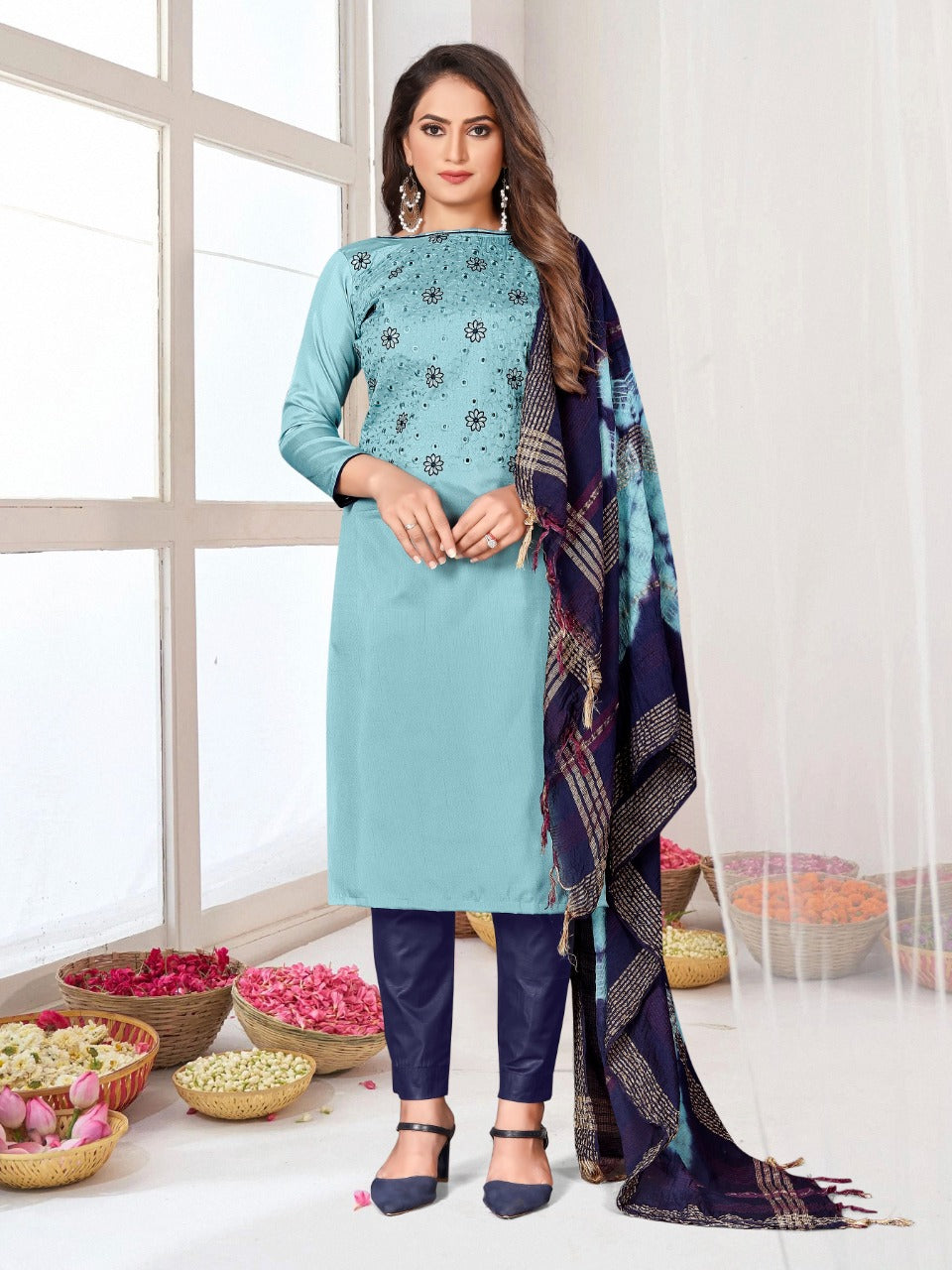 Embroidered Zara Silk Suit | Indo Cotton Bottom with Printed Dupatta