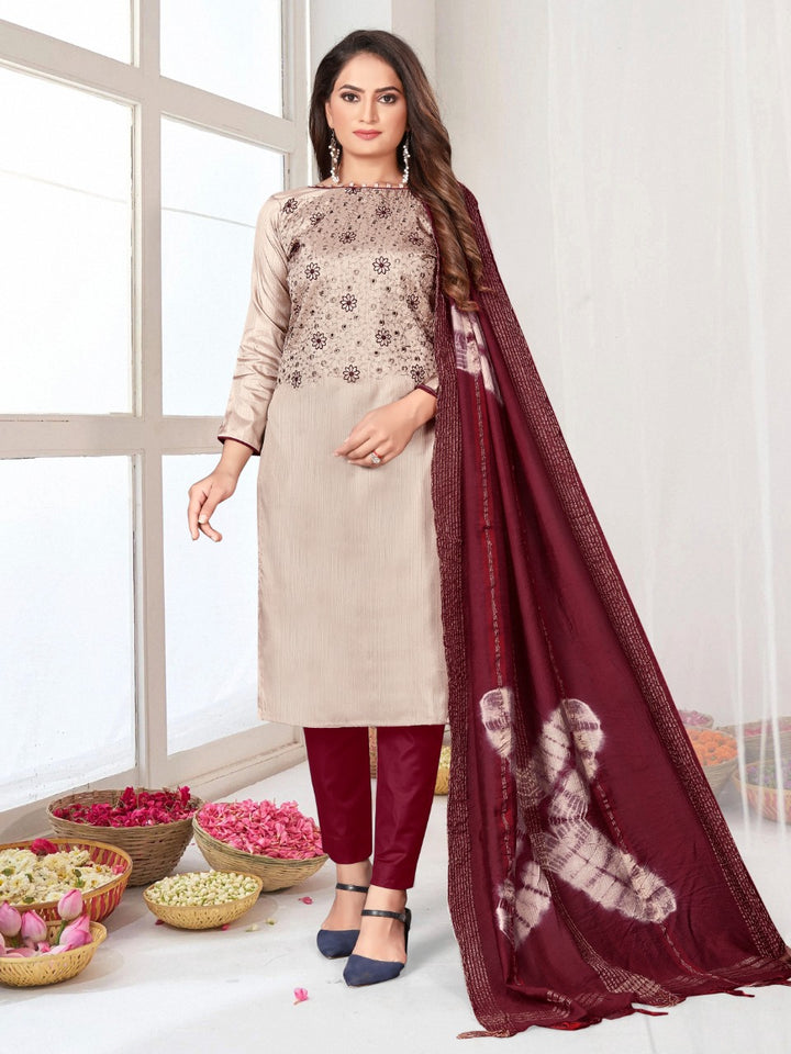 Embroidered Zara Silk Suit | Indo Cotton Bottom with Printed Dupatta