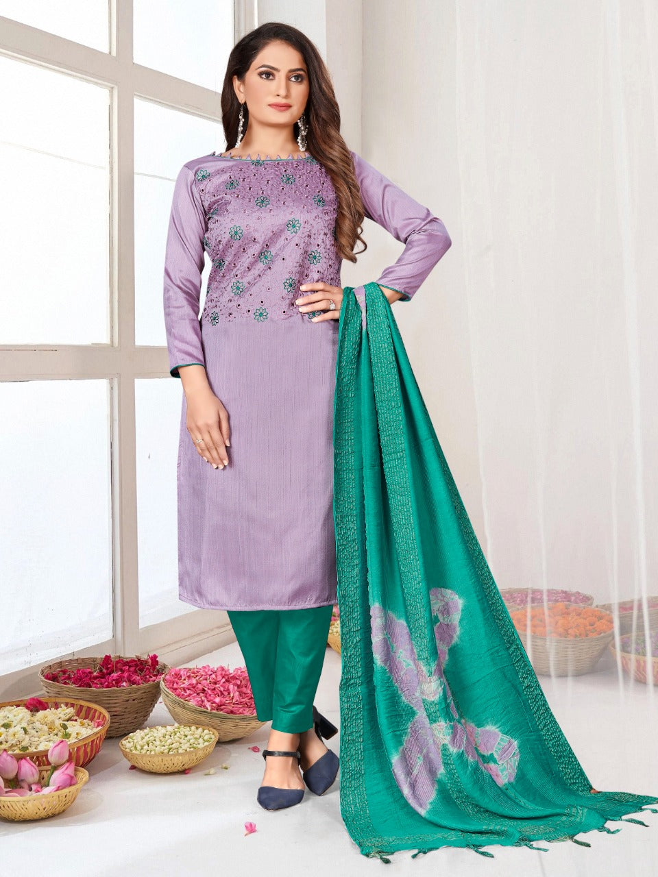 Embroidered Zara Silk Suit | Indo Cotton Bottom with Printed Dupatta