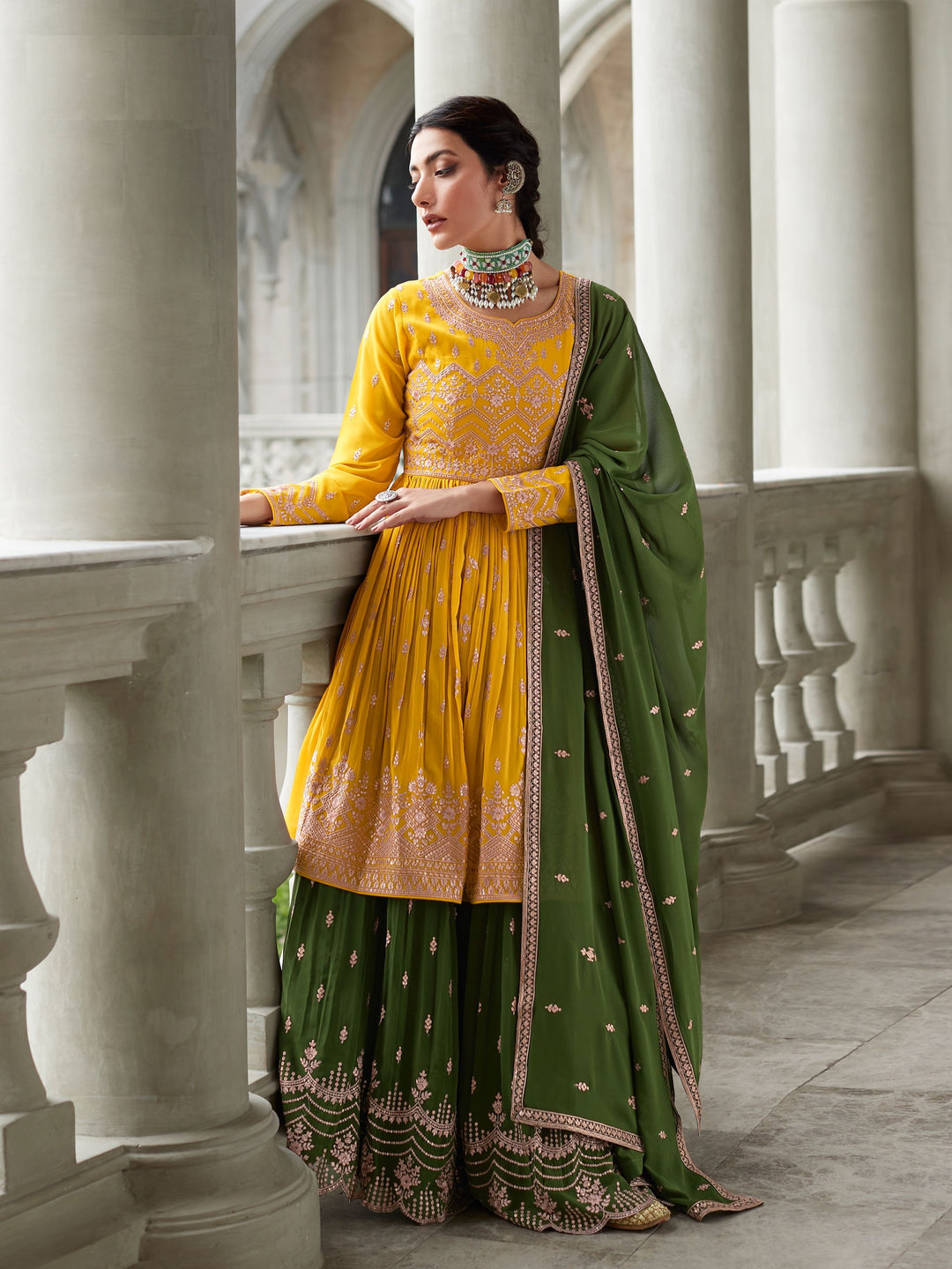 Yellow Georgette Sharara Suit | Heavy Embroidery with Dupatta