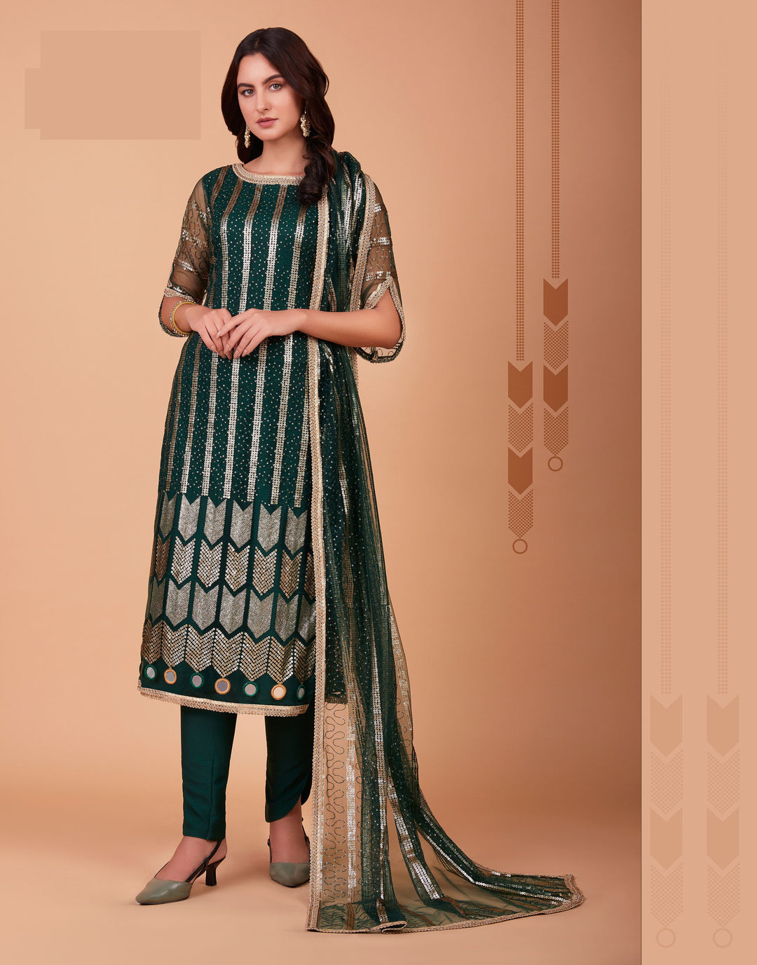 Elegant Embroidered Suit | Tone to Tone Mirror Work with Net Dupatta