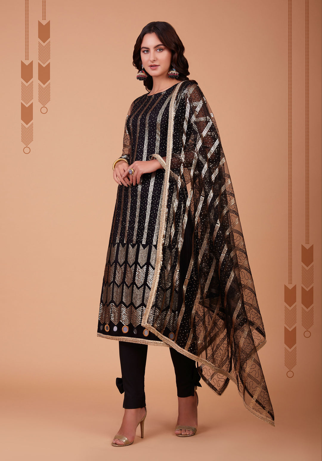 Elegant Embroidered Suit | Tone to Tone Mirror Work with Net Dupatta