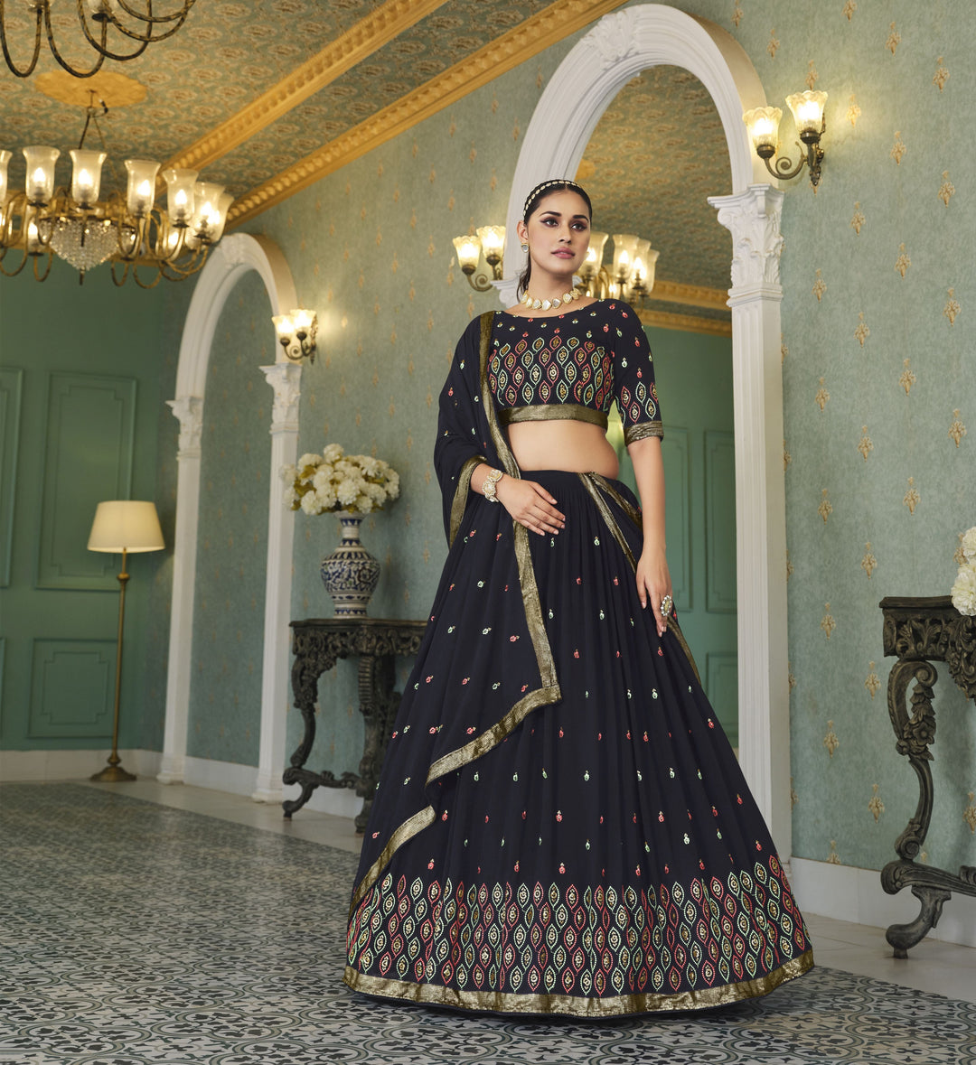 Georgette Lehenga with Thread & Sequence Embroidery | Elegant Wedding Attire