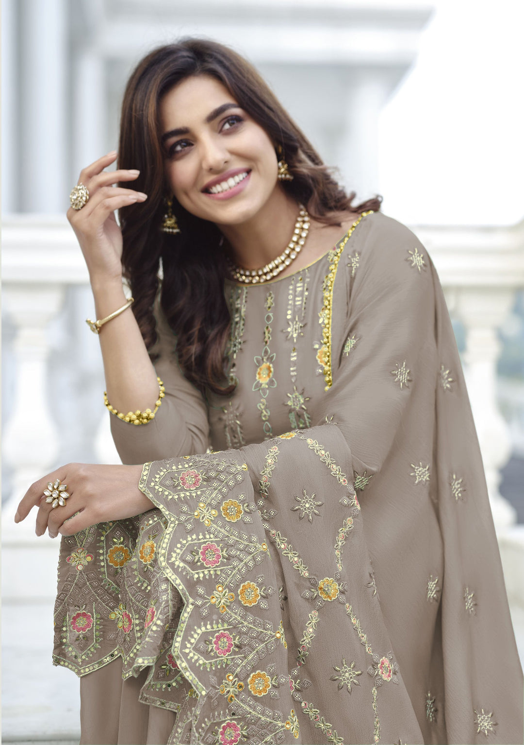 Designer Thread Embroidery Sharara Suit | Faux-Georgette & Santoon