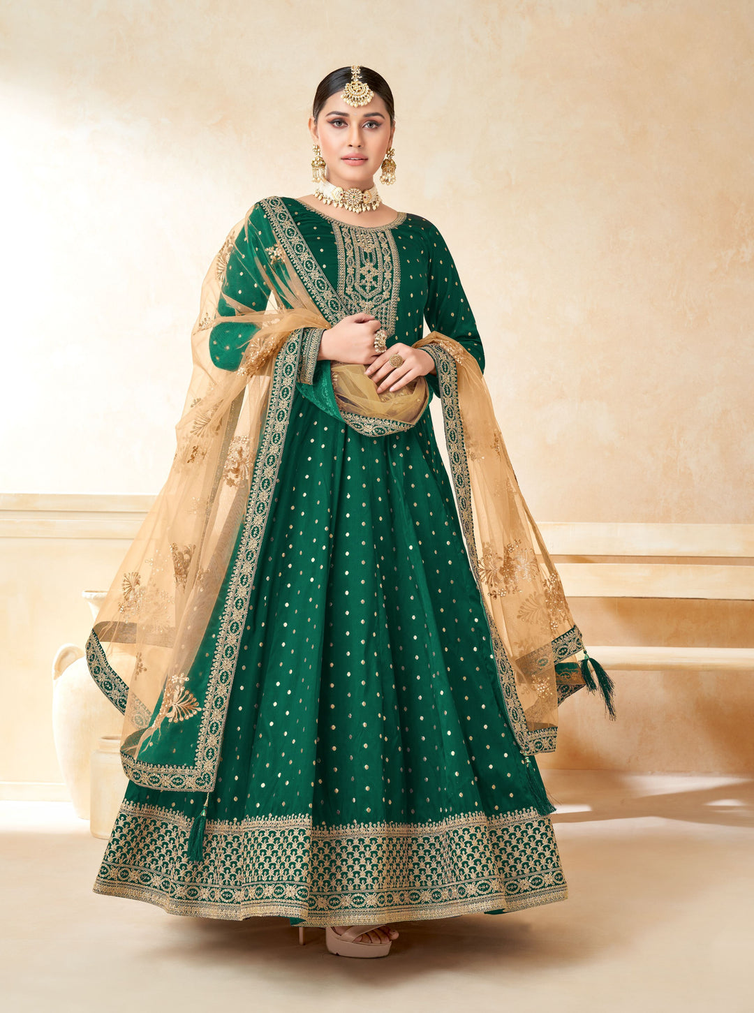 Elegant Anarkali Dress | Tafetta Silk with Wevon Copper Butti & Embroidery