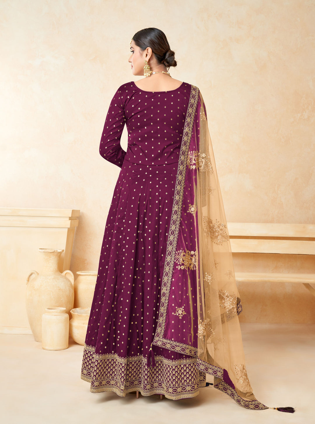 Elegant Anarkali Dress | Tafetta Silk with Wevon Copper Butti & Embroidery