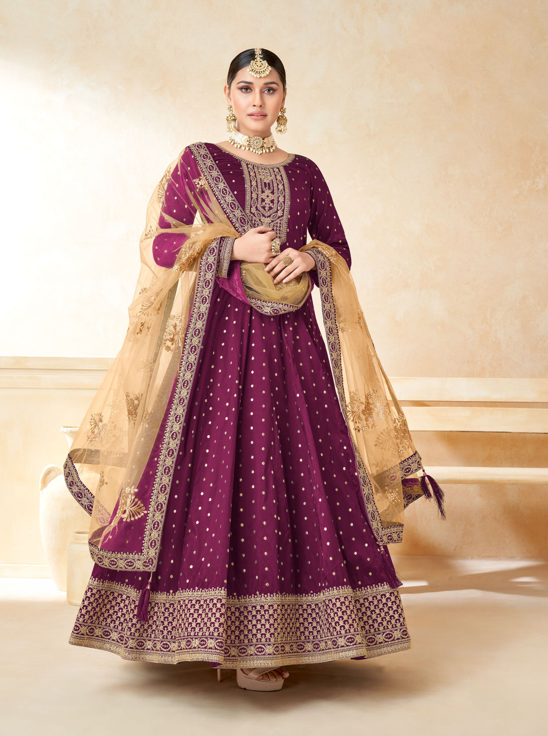 Elegant Anarkali Dress | Tafetta Silk with Wevon Copper Butti & Embroidery