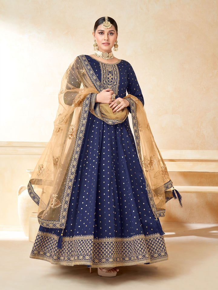 Elegant Anarkali Dress | Tafetta Silk with Wevon Copper Butti & Embroidery