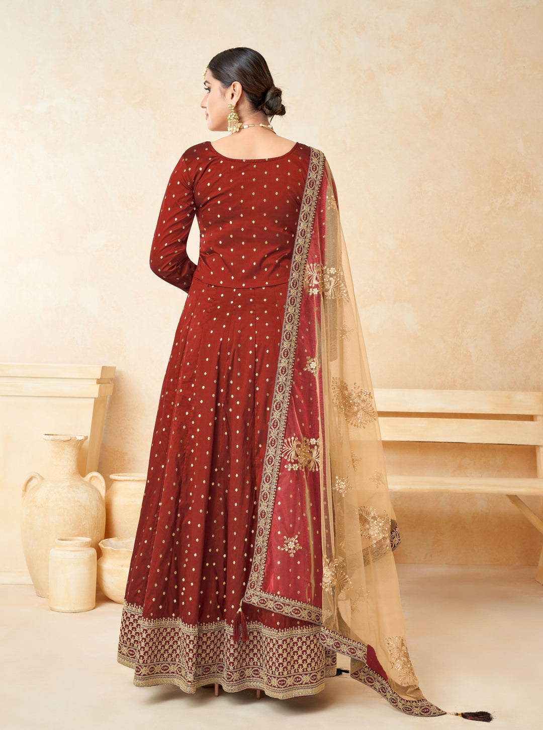 Elegant Anarkali Dress | Tafetta Silk with Wevon Copper Butti & Embroidery