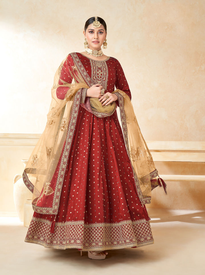 Elegant Anarkali Dress | Tafetta Silk with Wevon Copper Butti & Embroidery