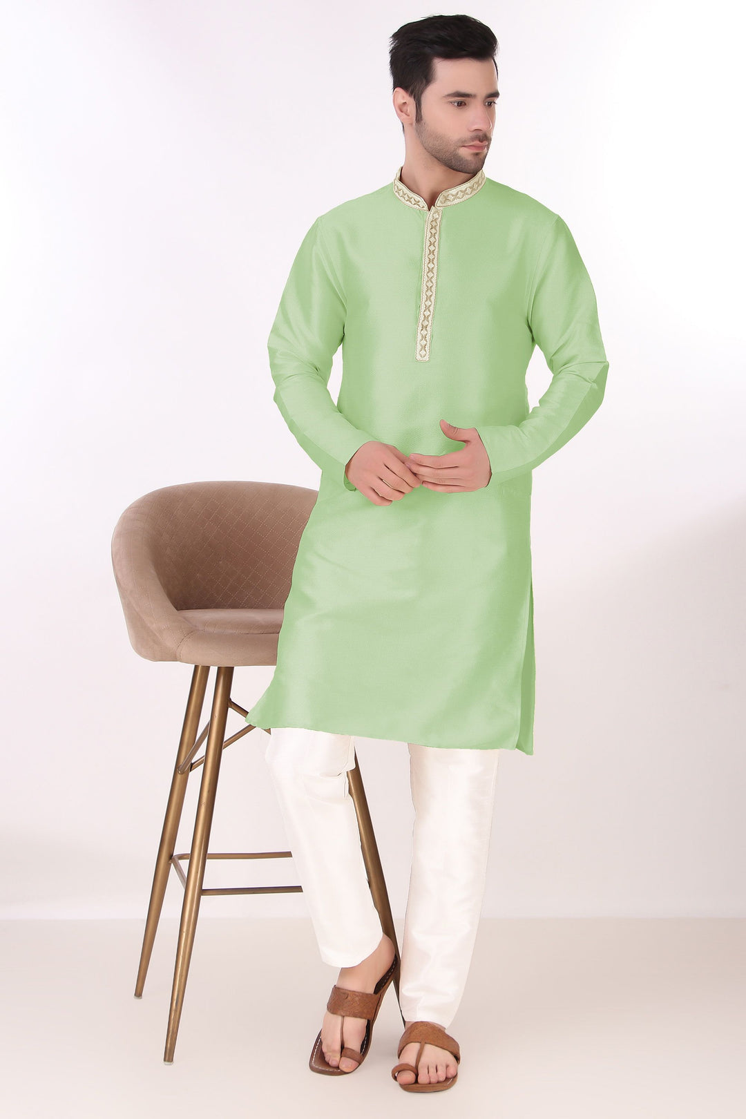 Stylish Art Silk Kurta Pajama Set with Neck Embroidery | Men's Festive Wear