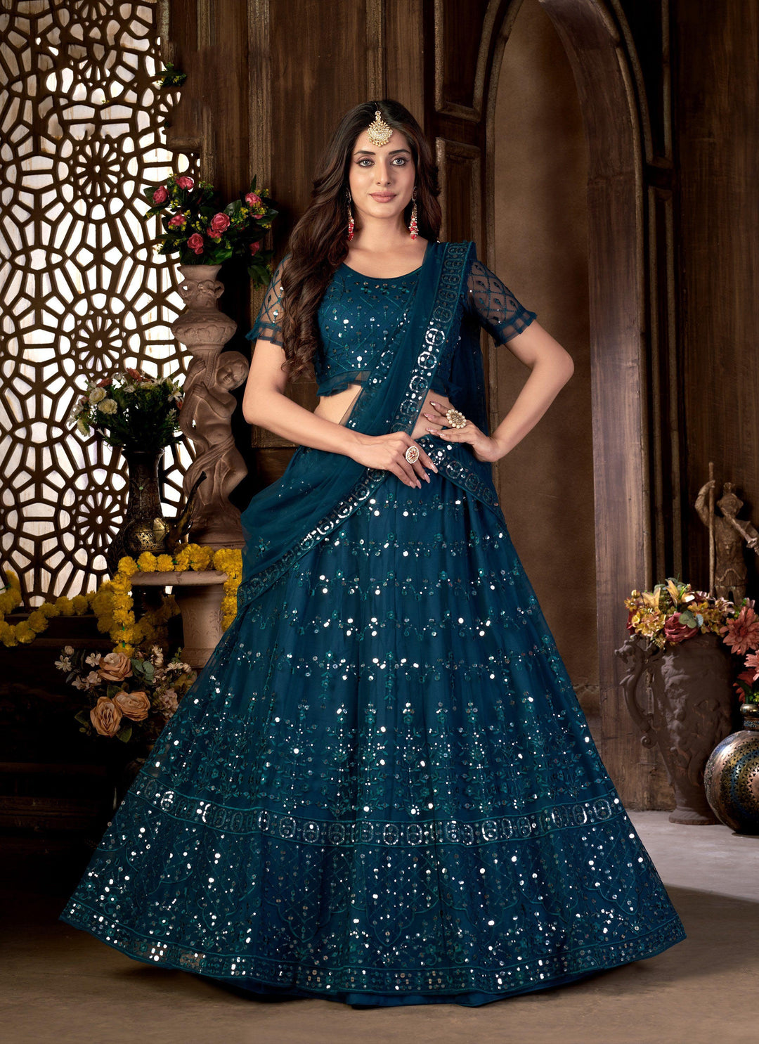 Designer Net Lehenga | Multi-Embroidery & Mirror Work For Wedding Wear