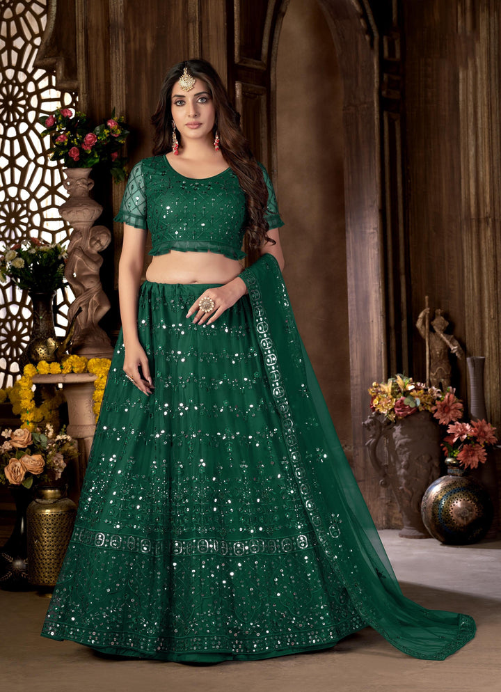 Designer Net Lehenga | Multi-Embroidery & Mirror Work For Wedding Wear