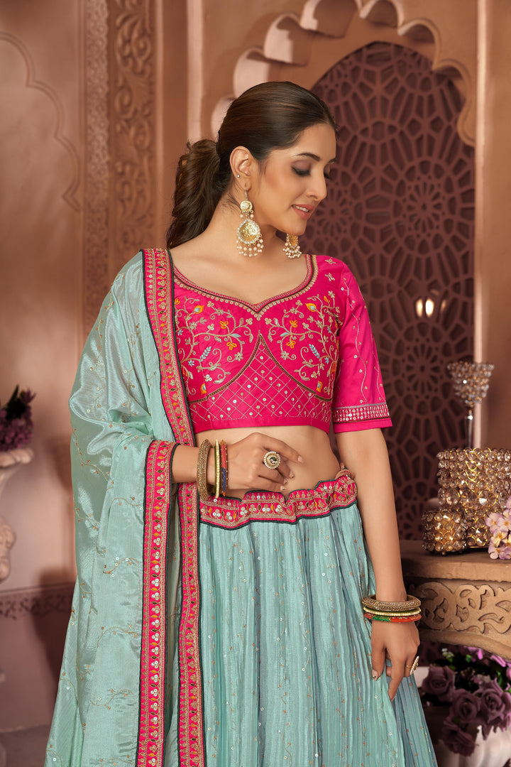 Pink And Sky Blue Lehenga Choli with Embroidery  | Traditional Wedding Outfit