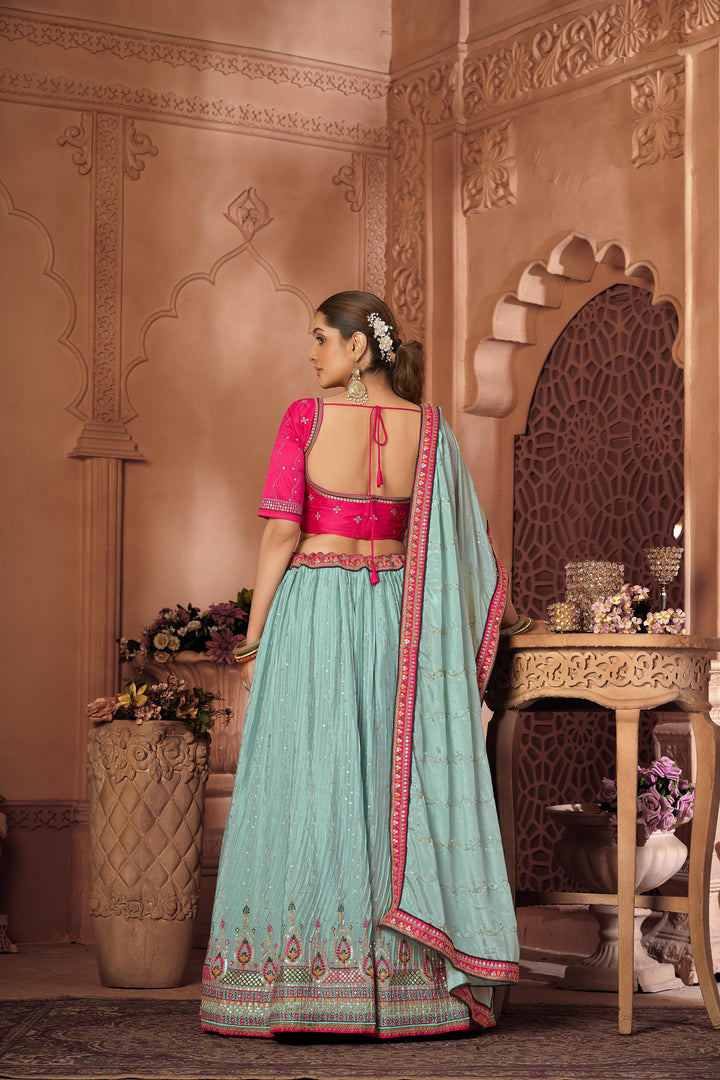 Pink And Sky Blue Lehenga Choli with Embroidery  | Traditional Wedding Outfit