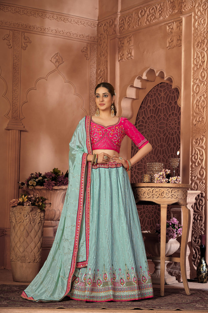 Pink And Sky Blue Lehenga Choli with Embroidery  | Traditional Wedding Outfit