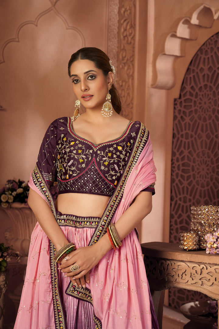 Wine and Pink Lehenga Choli with Embroidery | Malai Satin Dupatta Set for Party Wear