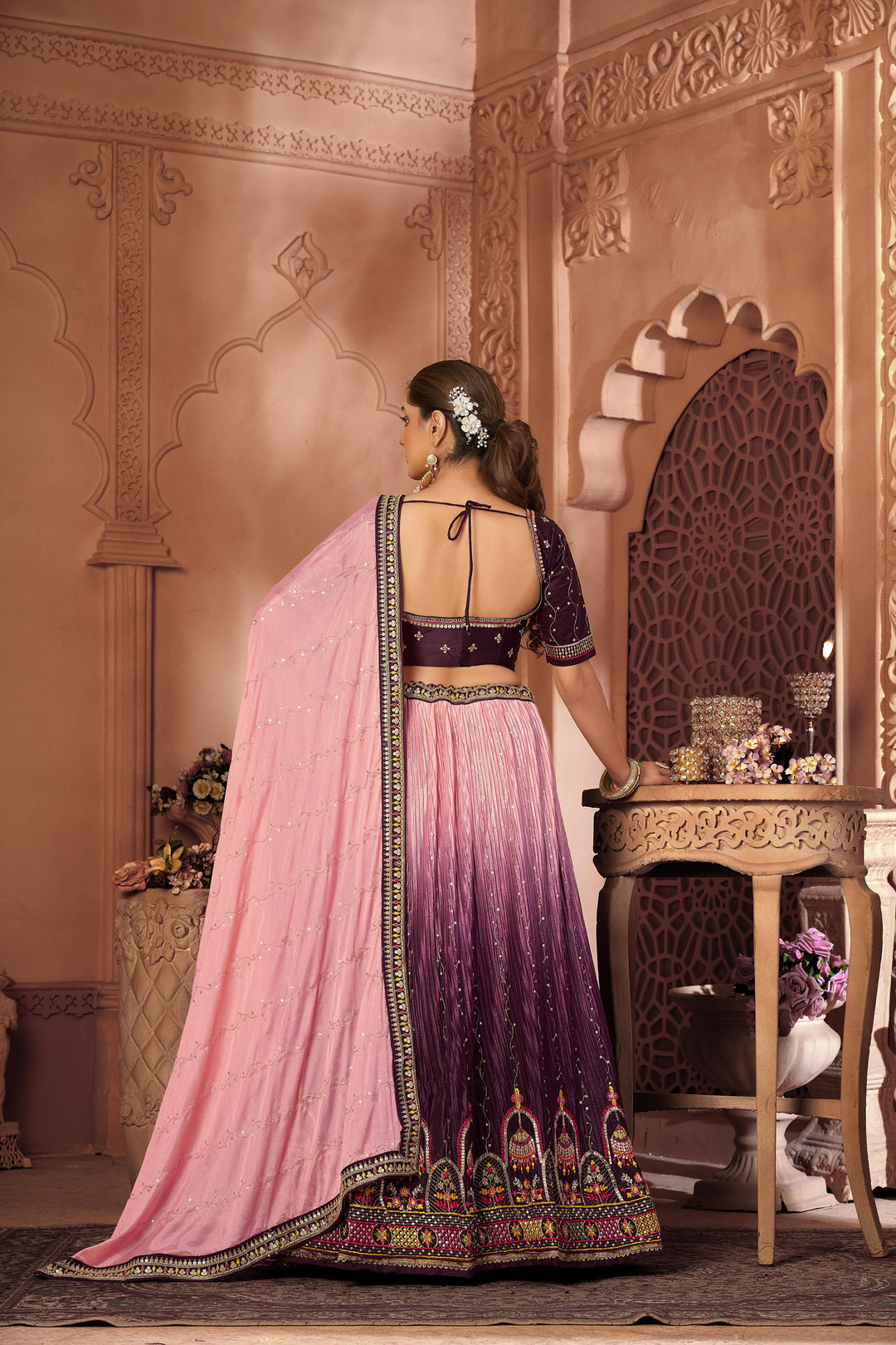 Wine and Pink Lehenga Choli with Embroidery | Malai Satin Dupatta Set for Party Wear