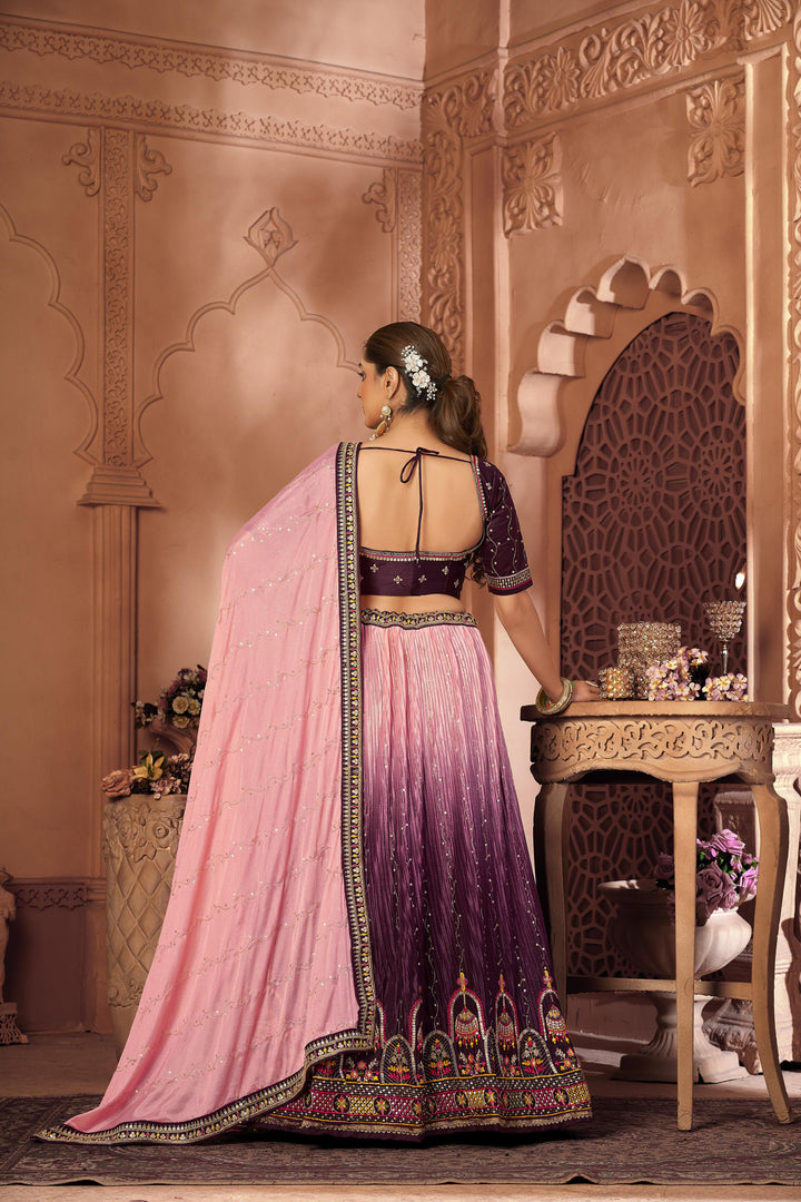 Wine and Pink Lehenga Choli with Embroidery | Malai Satin Dupatta Set for Party Wear