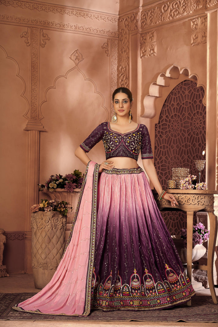 Wine and Pink Lehenga Choli with Embroidery | Malai Satin Dupatta Set for Party Wear