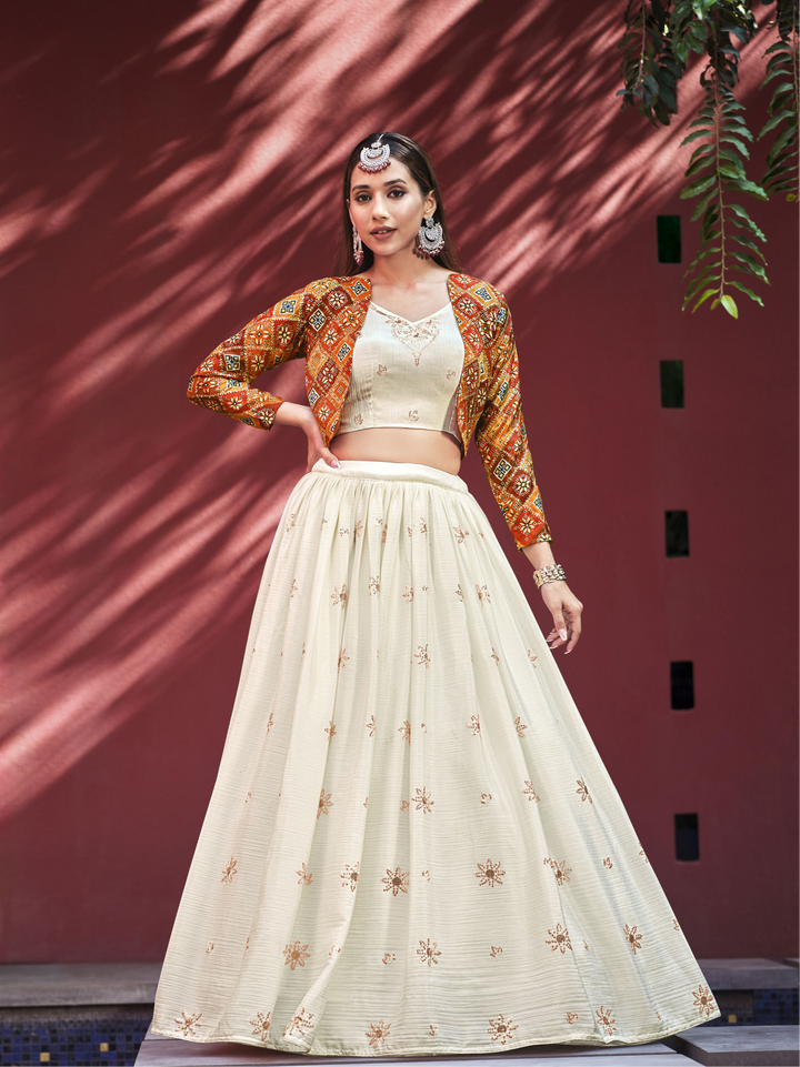 Beige and Orange Lehenga with Sequin Work | Festive & Wedding Wear