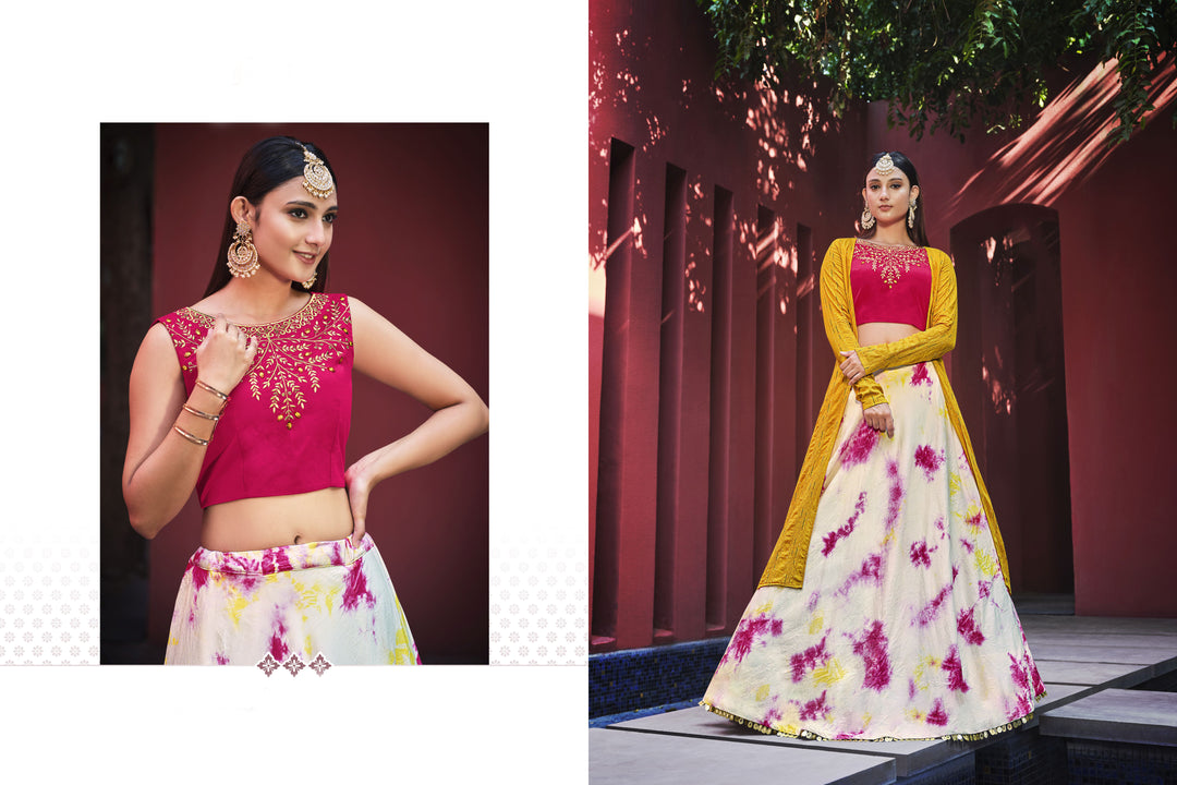 Pink Cotton Lehenga with Yellow Cotton Jacket | Sequin Embroidered Designer Set