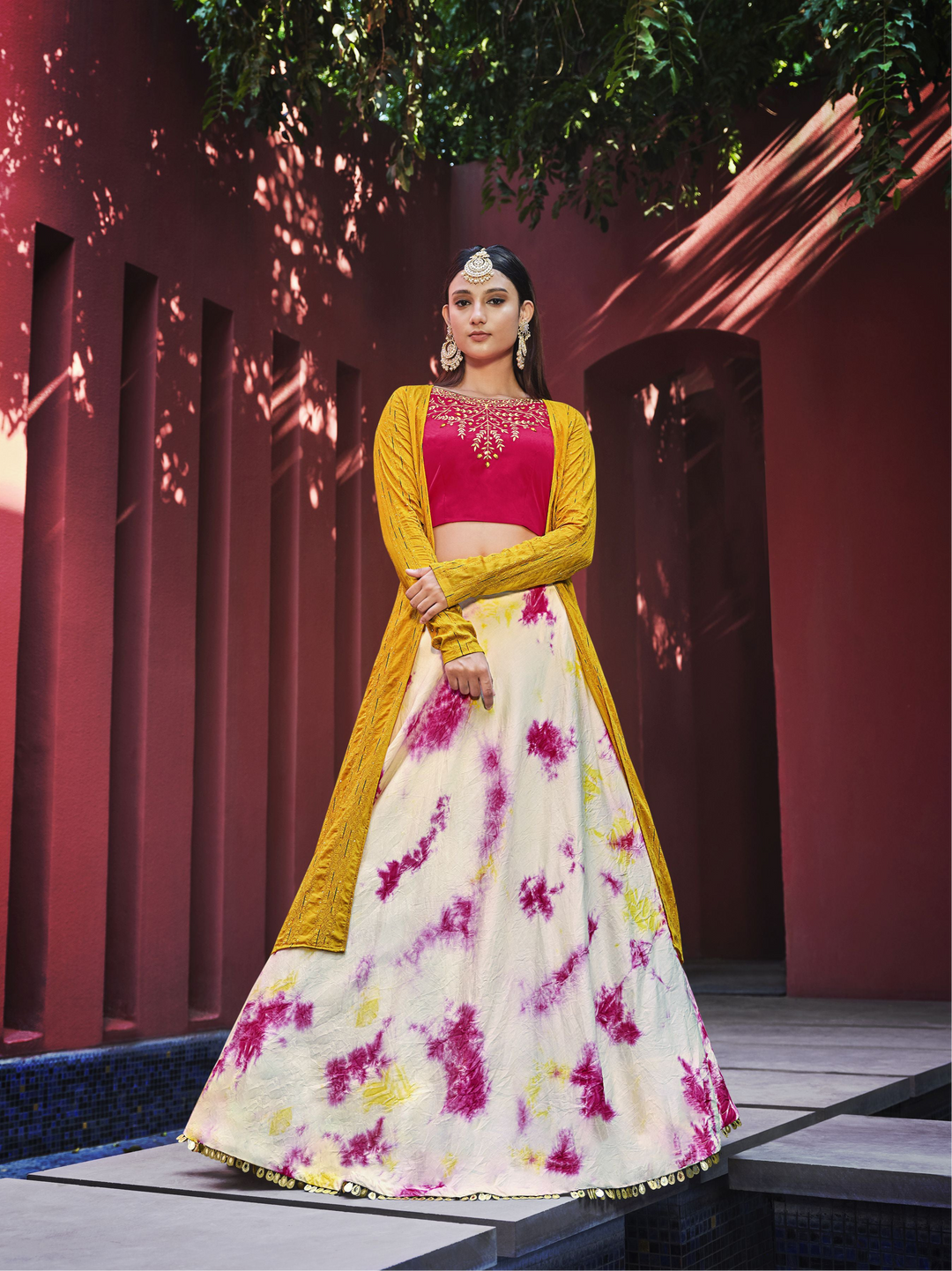 Pink Cotton Lehenga with Yellow Cotton Jacket | Sequin Embroidered Designer Set