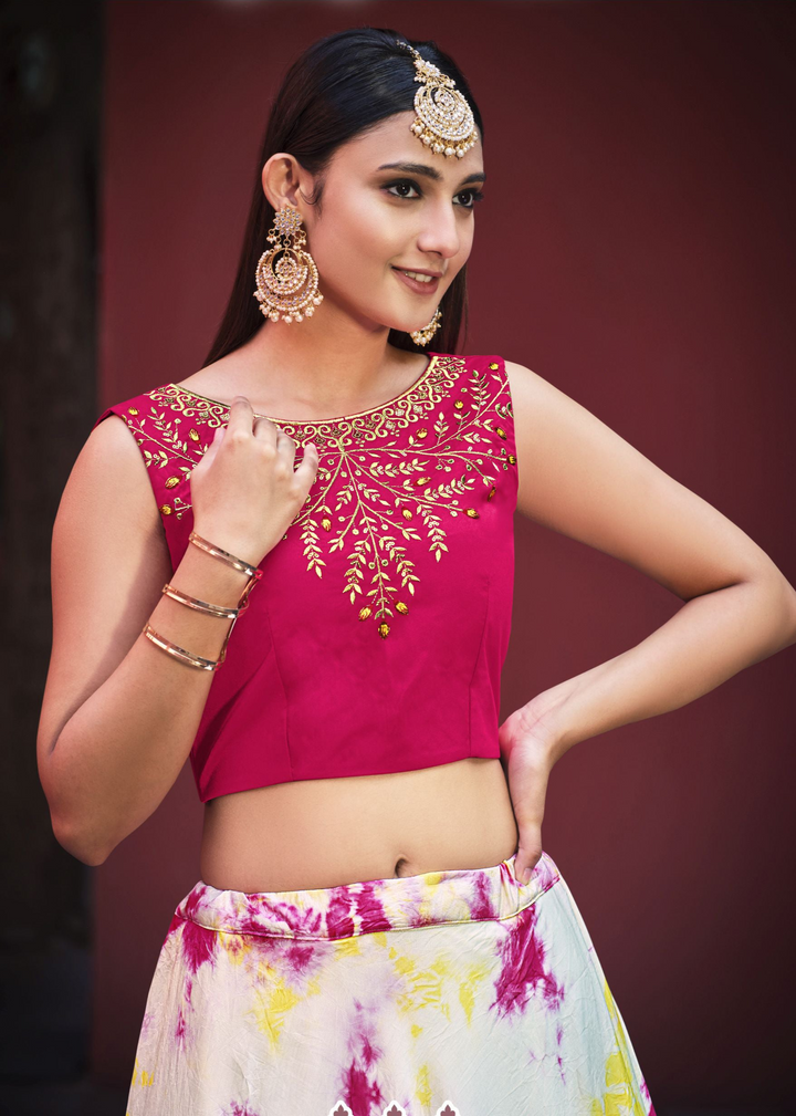 Pink Cotton Lehenga with Yellow Cotton Jacket | Sequin Embroidered Designer Set