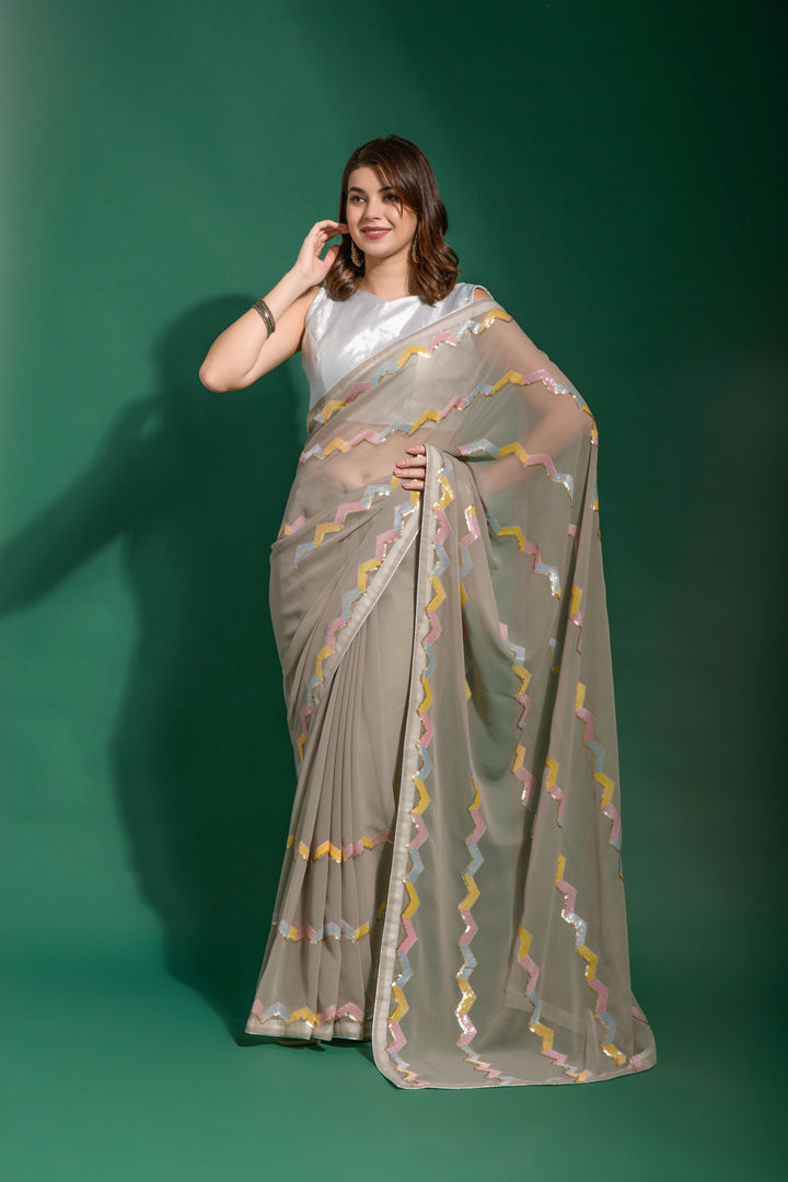 Elegant Georgette Saree with Sequin Embroidery | Satin Blouse for Weddings