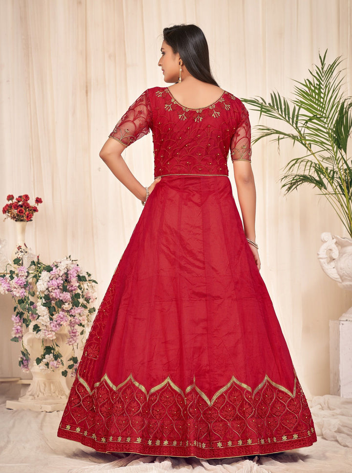 Designer Embroidered Anarkali | Net Top & Santoon Bottom | Elbow-Sleeve