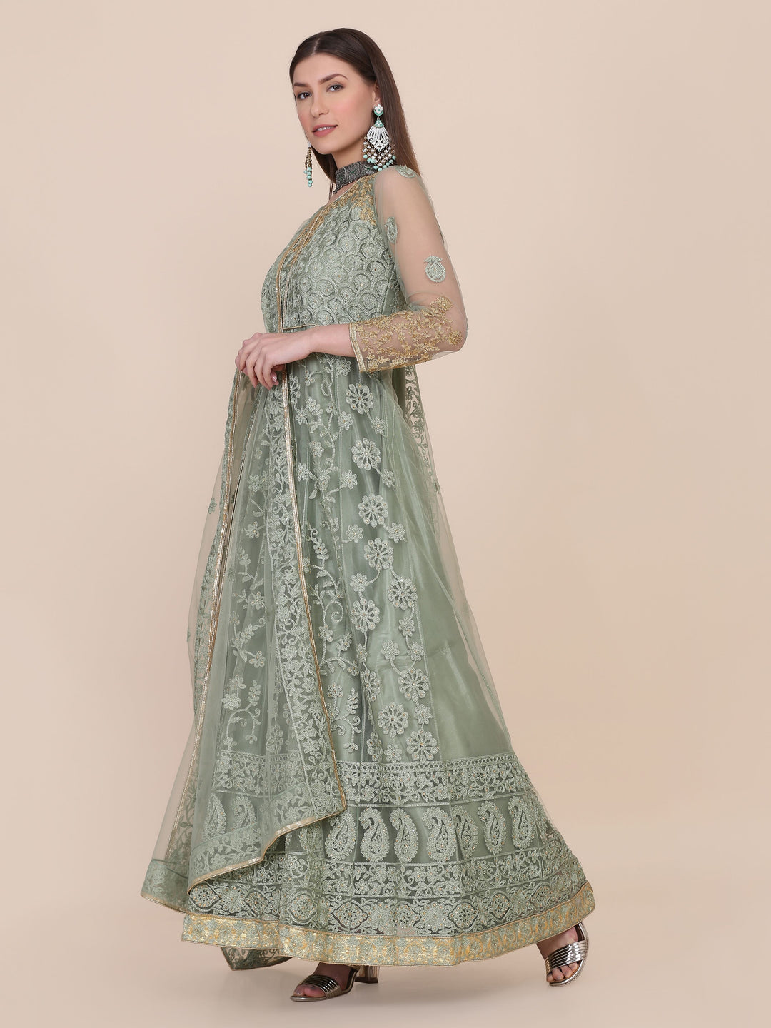 Designer Embroidered Anarkali | Three-Quarter Sleeve Boat Neck Dress