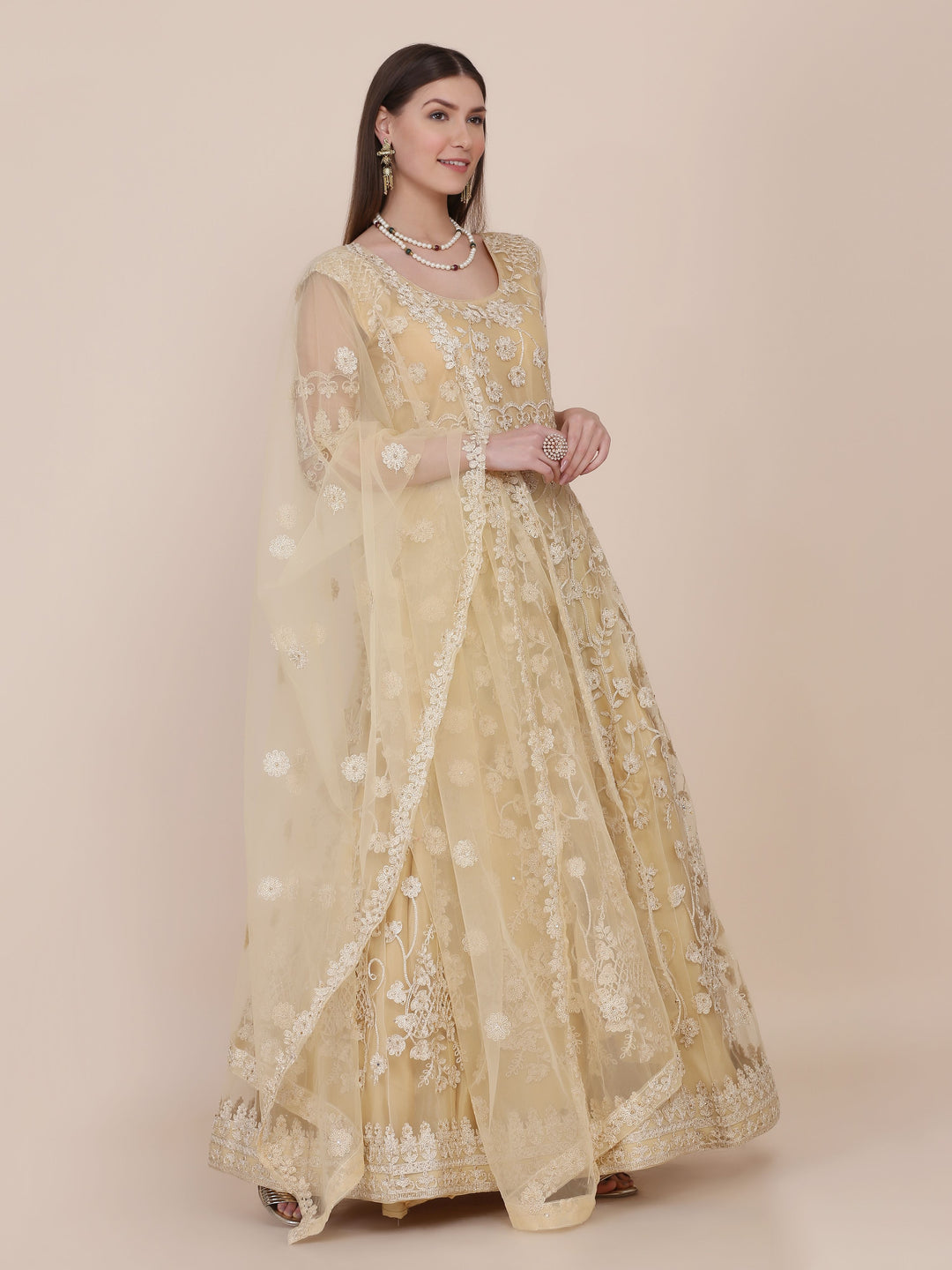 Designer Embroidered Anarkali Dress | Elbow Sleeve U-Neck for Weddings