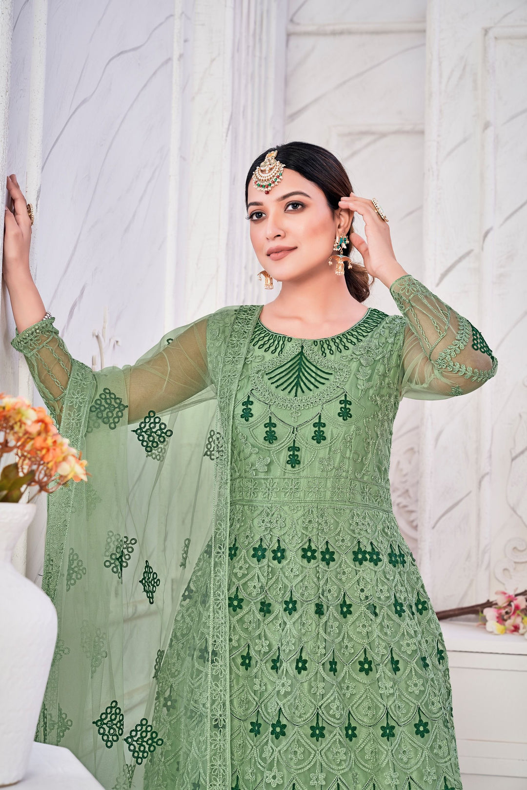 Designer Embroidered Anarkali | Net Top & Santoon Bottom | Wedding & Festive