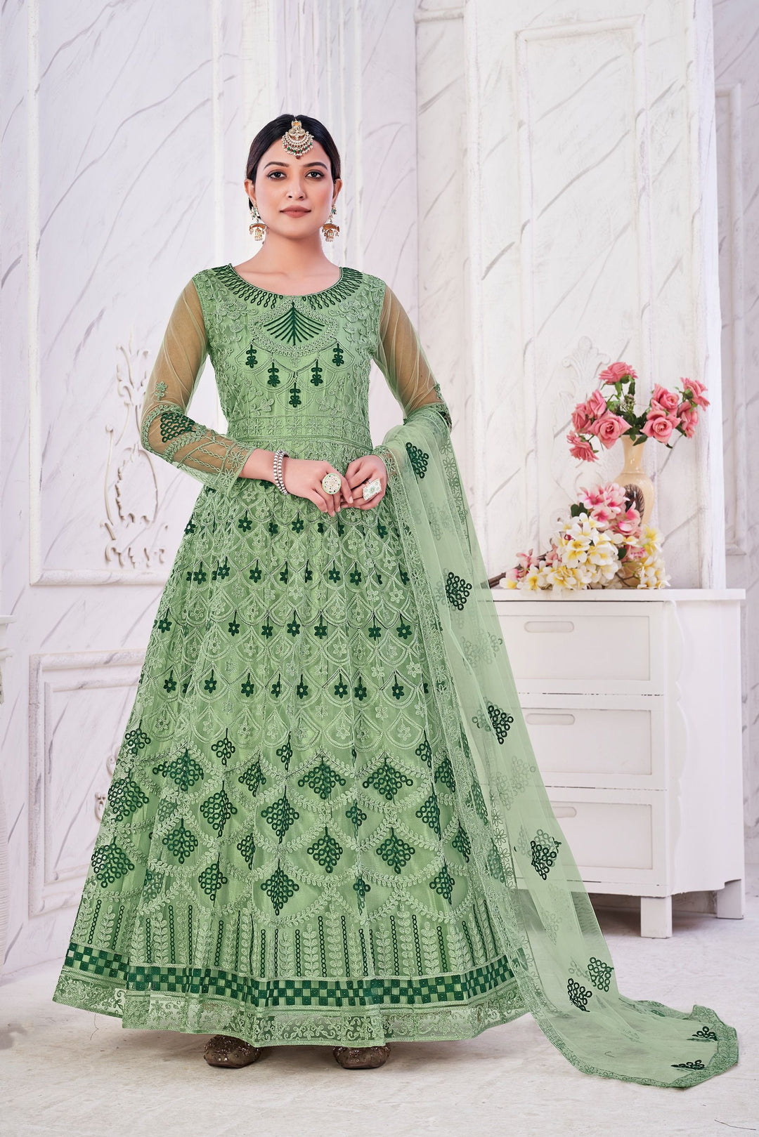 Designer Embroidered Anarkali | Net Top & Santoon Bottom | Wedding & Festive