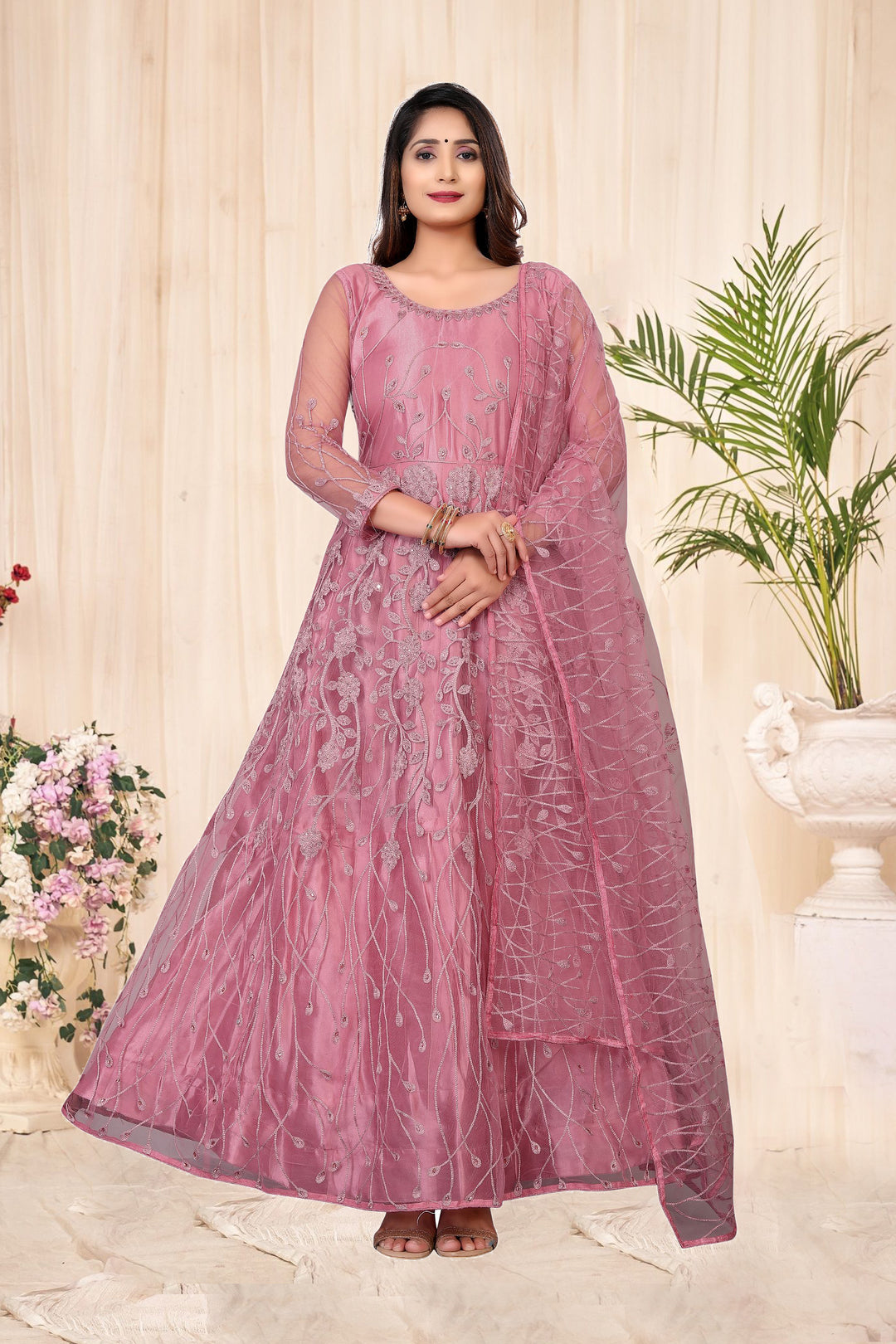 Designer Embroidered Anarkali | Net Top & Santoon Bottom for Festive Wear