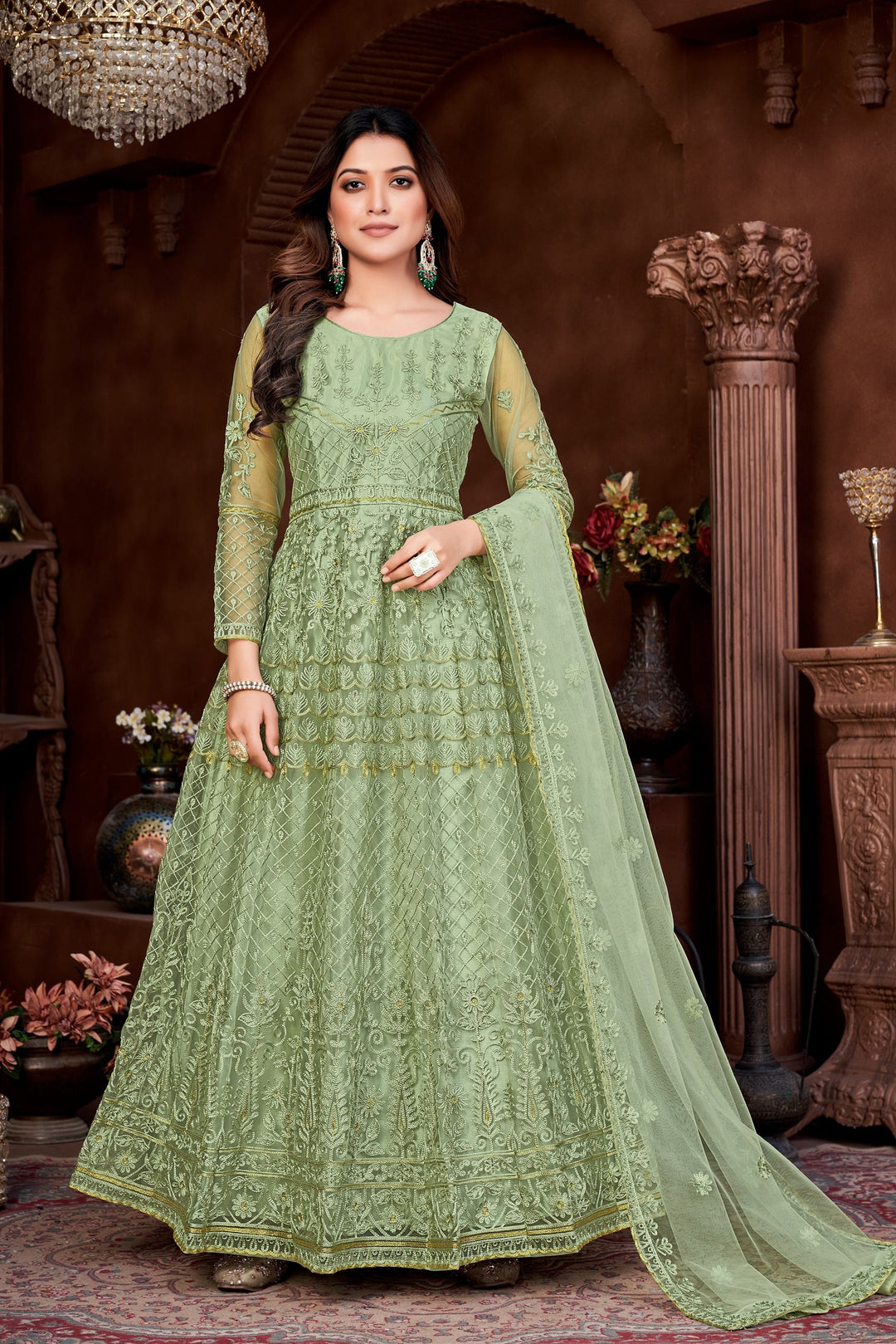 Designer Anarkali with Embroidery | Net Top & Santoon Bottom for Events