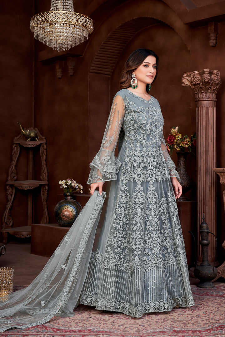 Designer Embroidered Anarkali | Net Top & Santoon Bottom | Full Sleeve V-Neck