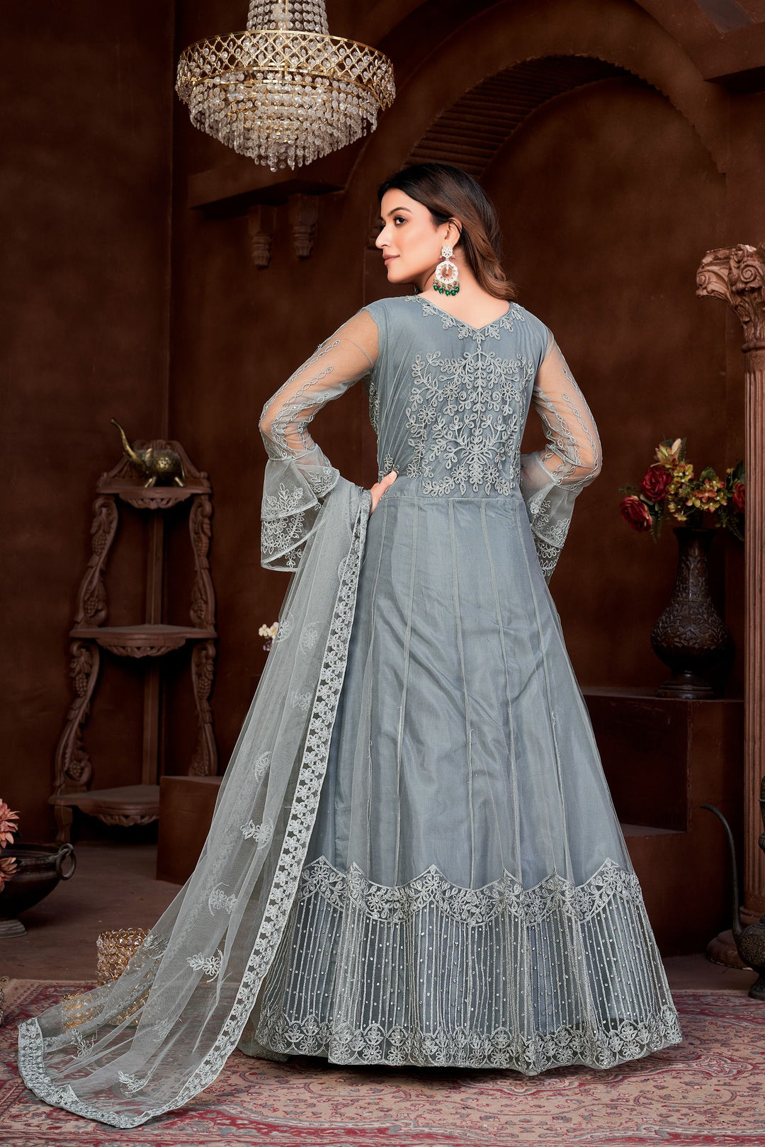 Designer Embroidered Anarkali | Net Top & Santoon Bottom | Full Sleeve V-Neck