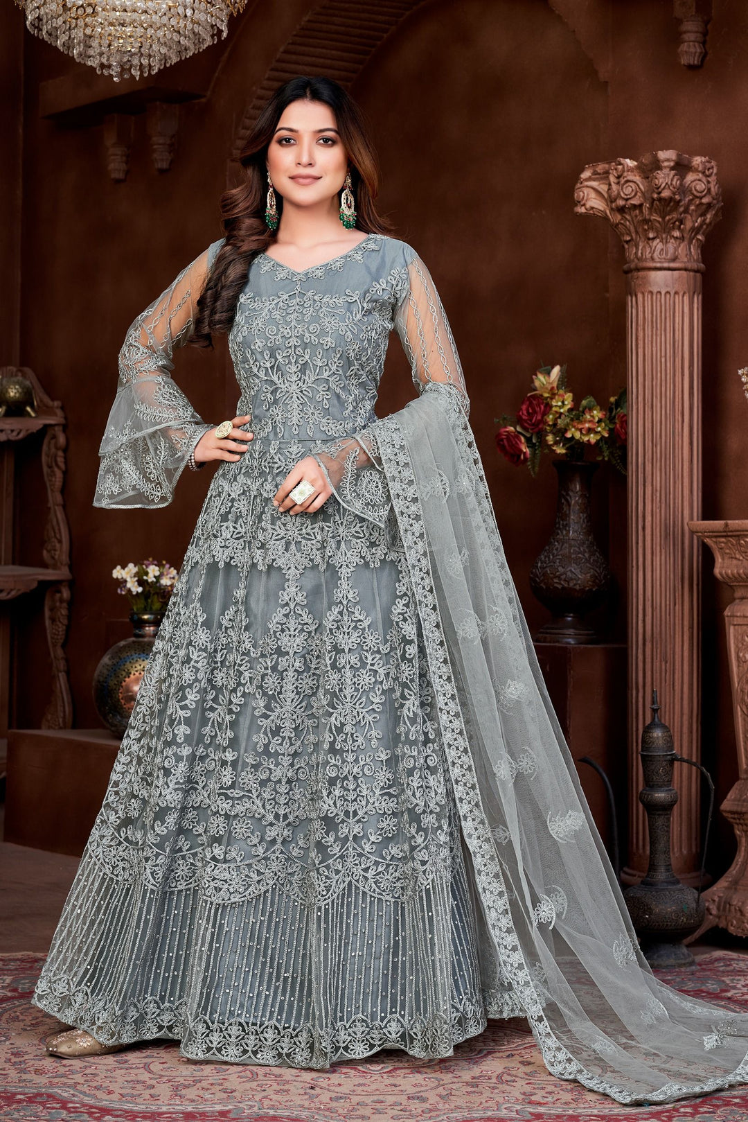 Designer Embroidered Anarkali | Net Top & Santoon Bottom | Full Sleeve V-Neck