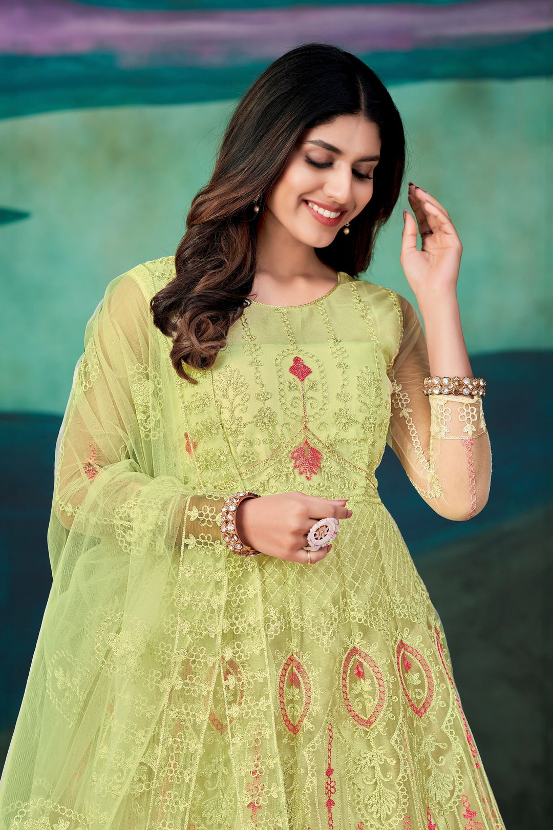 Designer Embroidered Anarkali | Net & Santoon | Three-Quarter Sleeve