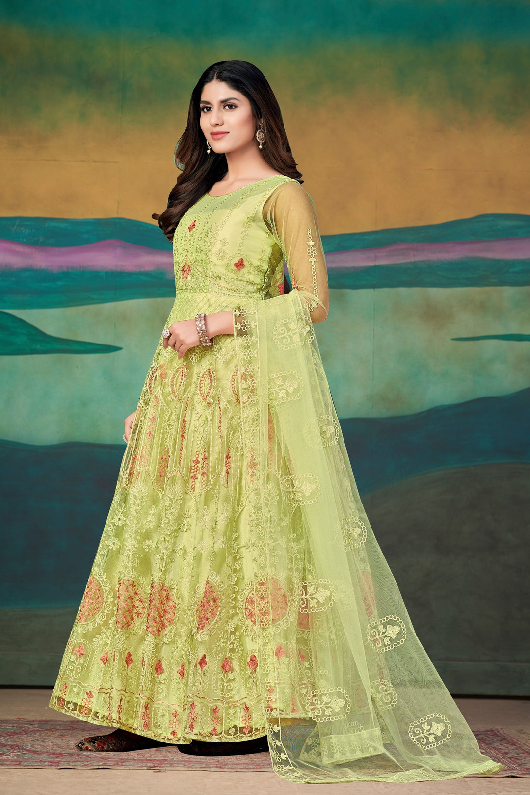 Designer Embroidered Anarkali | Net & Santoon | Three-Quarter Sleeve