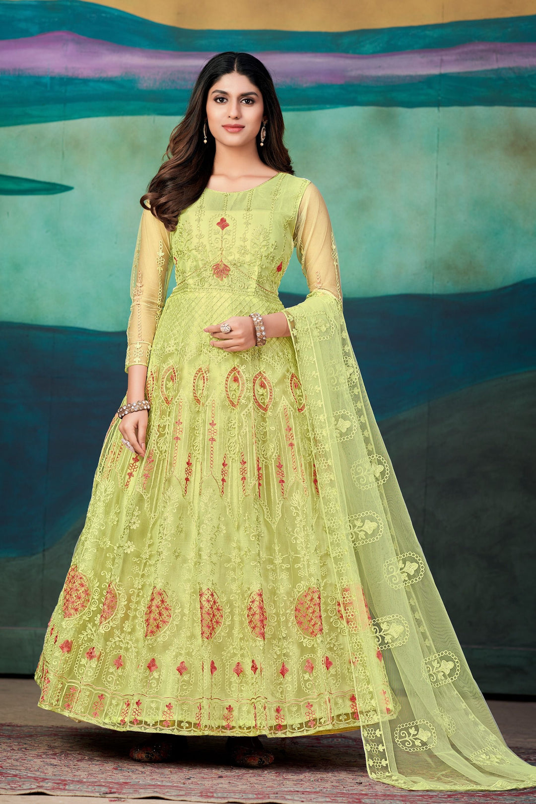 Designer Embroidered Anarkali | Net & Santoon | Three-Quarter Sleeve