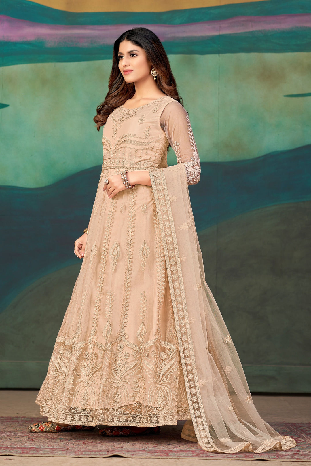 Designer Embroidered Anarkali | Net Top & Santoon Bottom for Weddings