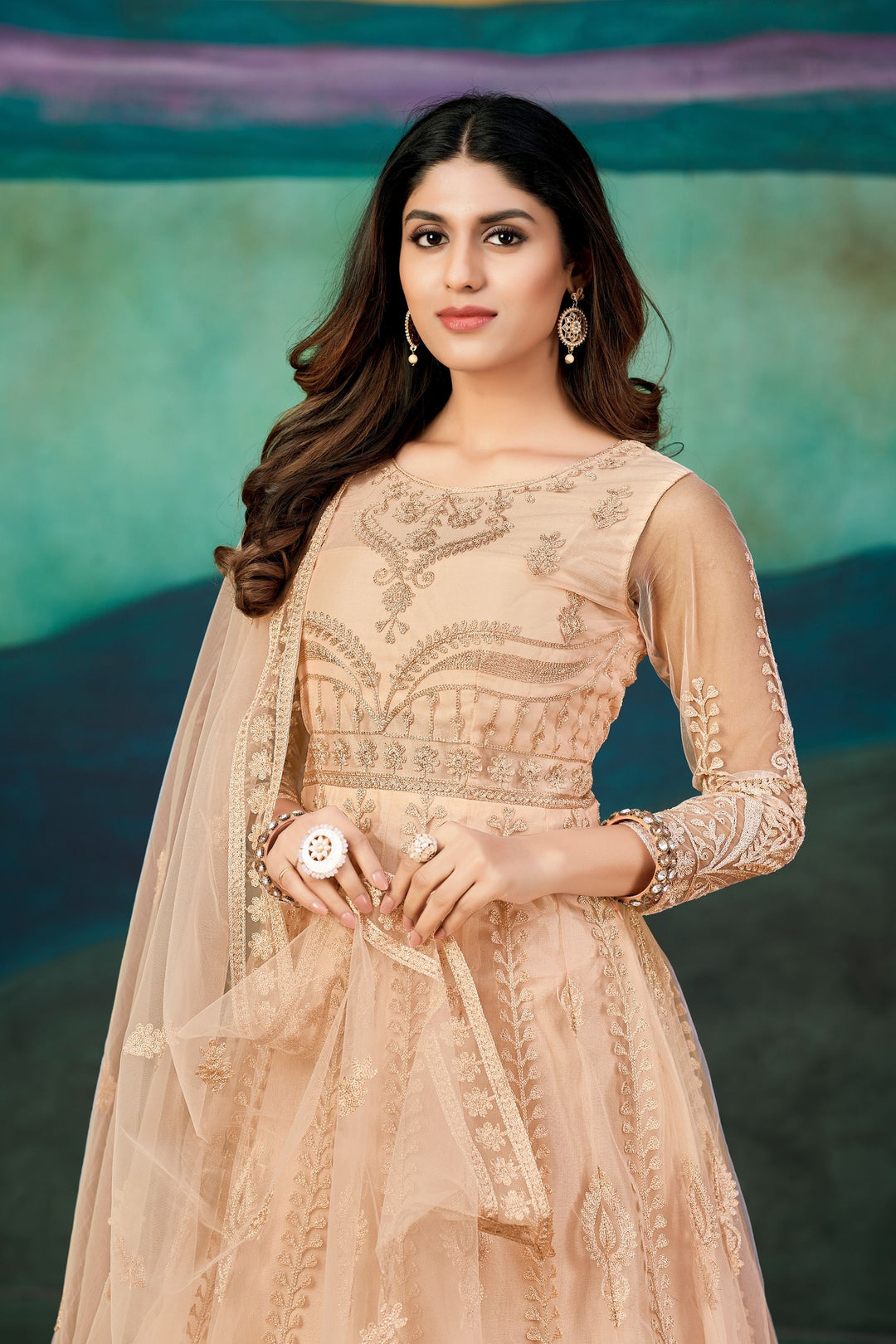 Designer Embroidered Anarkali | Net Top & Santoon Bottom for Weddings