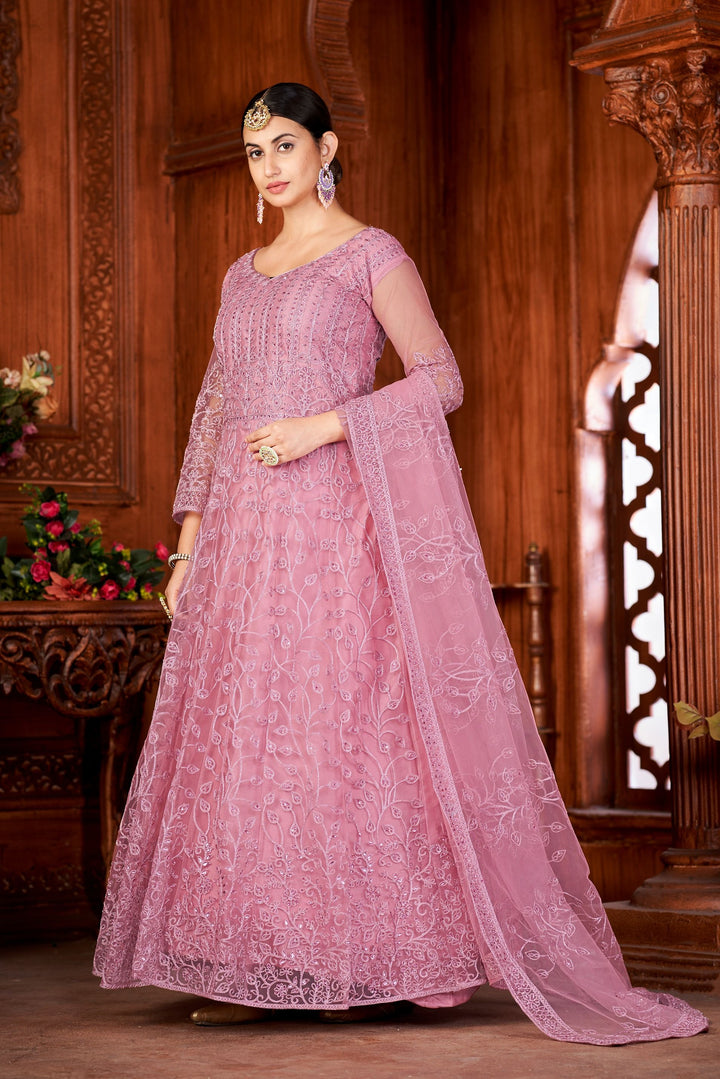 Designer Embroidered Anarkali Dress | Net Top & Santoon Bottom | Party Wear