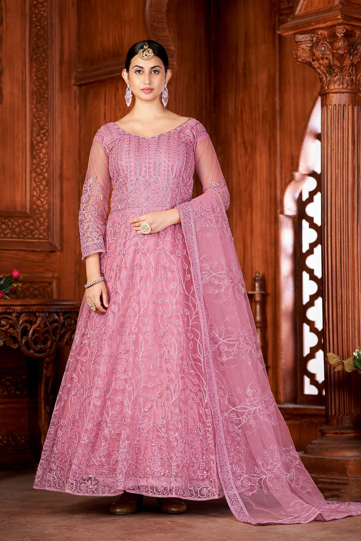 Designer Embroidered Anarkali Dress | Net Top & Santoon Bottom | Party Wear