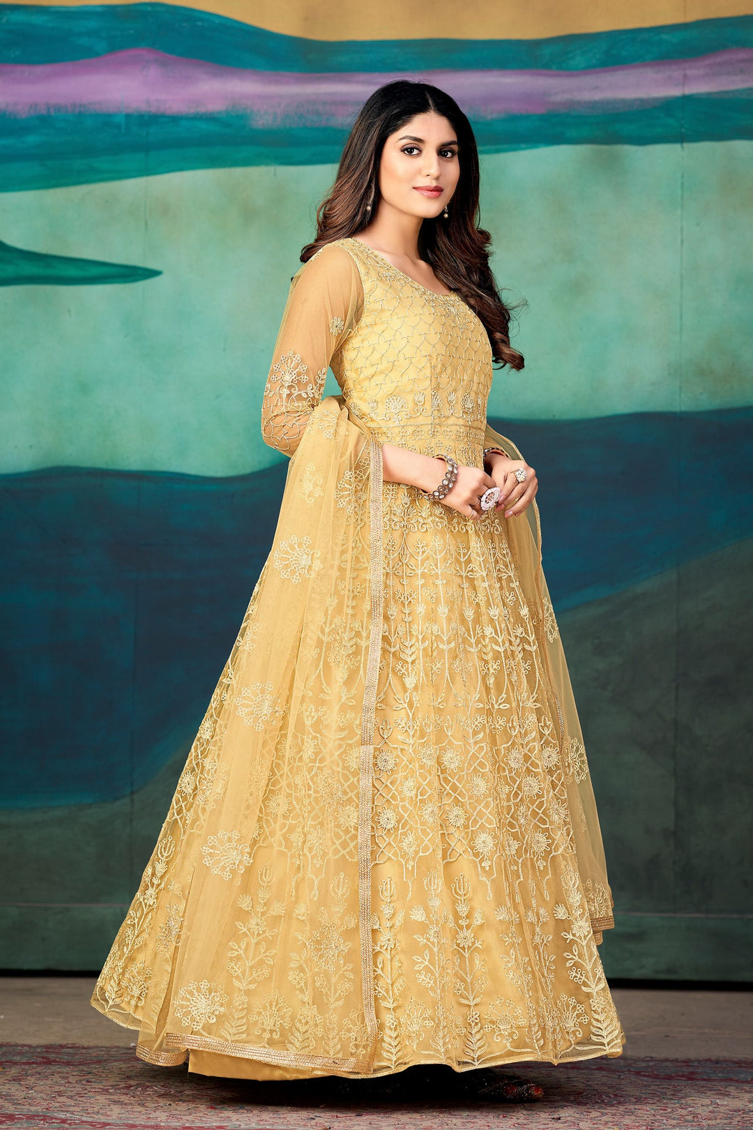 Designer Anarkali | Embroidered Net Top with Santoon Bottom for Weddings