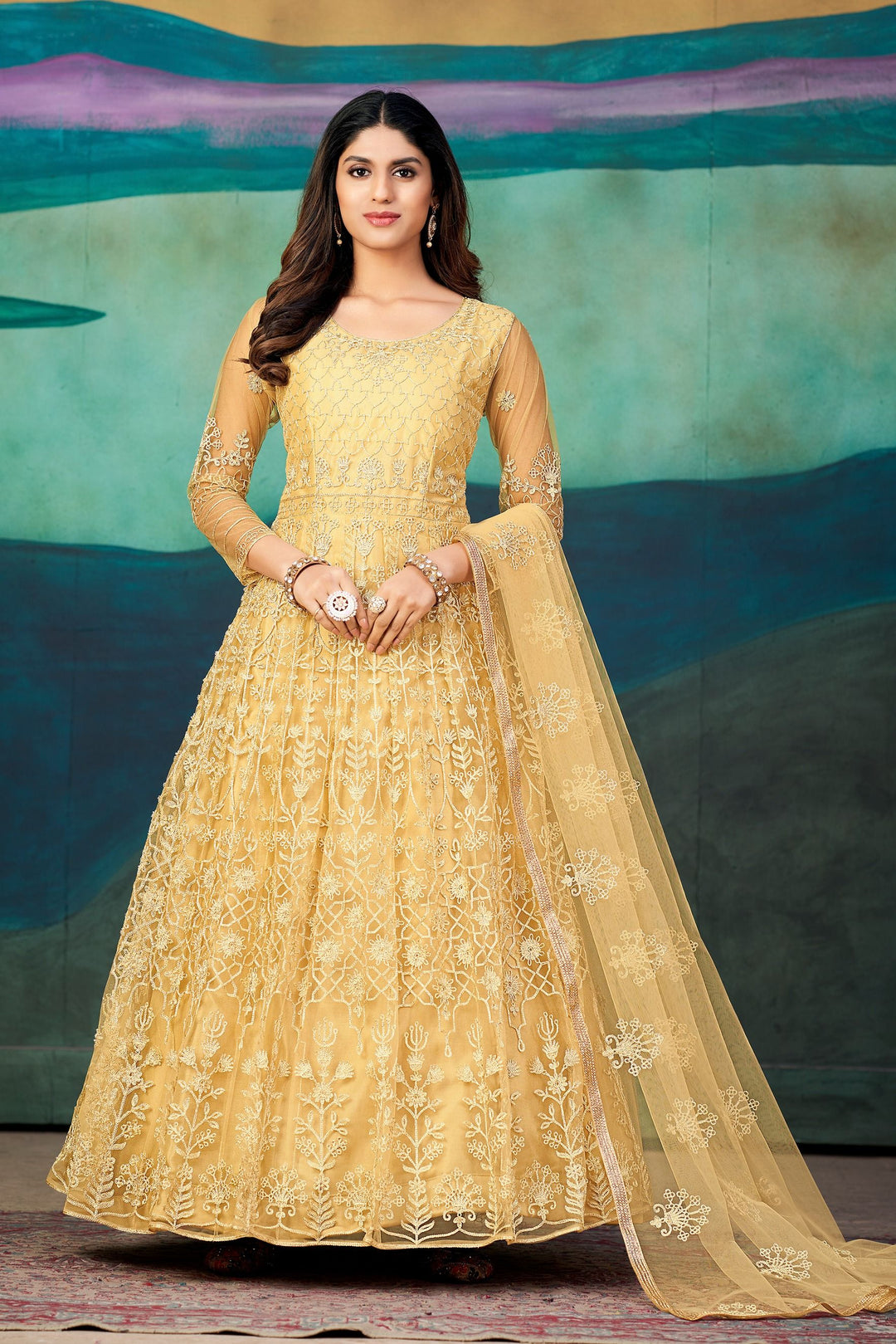 Designer Anarkali | Embroidered Net Top with Santoon Bottom for Weddings